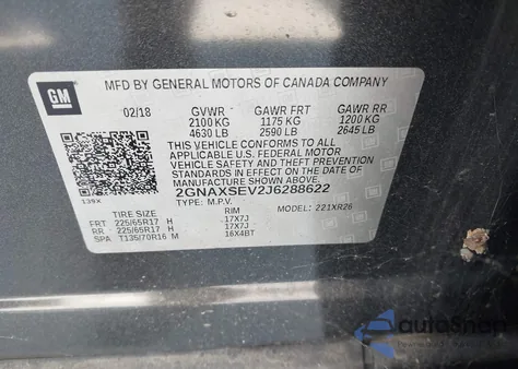2018 Chevrolet Equinox Lt z USA, uszkodzony, nr VIN 2GNAXSEV2J6288622